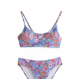 VOLAFA NWOT Floral Smocked Bikini Set Small Blue Textured Retro Y2K Resort 2Pc